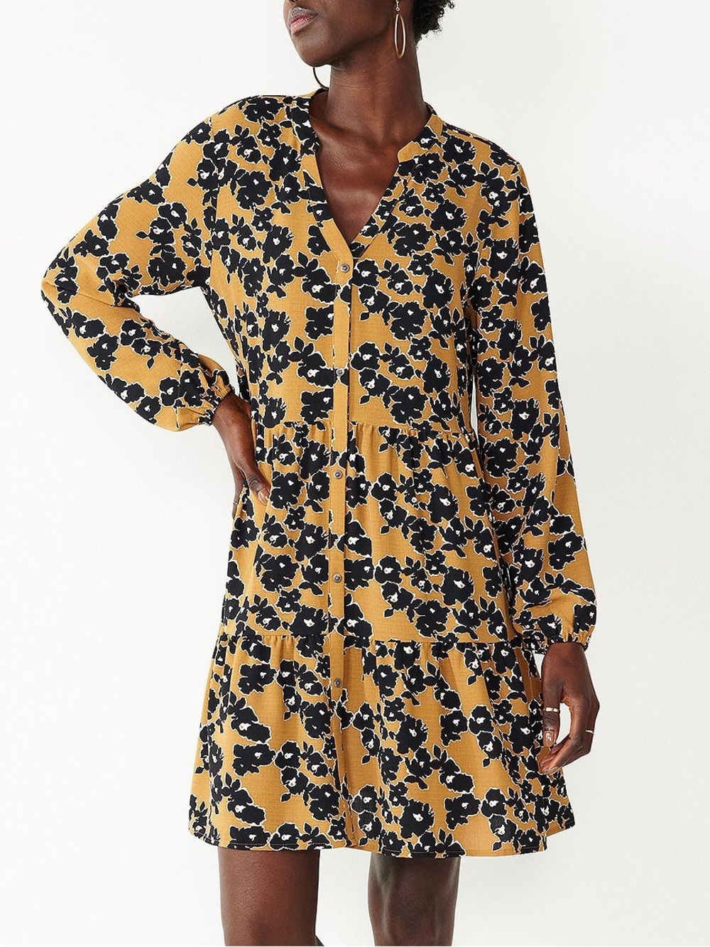 Tiered Long-Sleeve Floral Dress in Yellow and Black